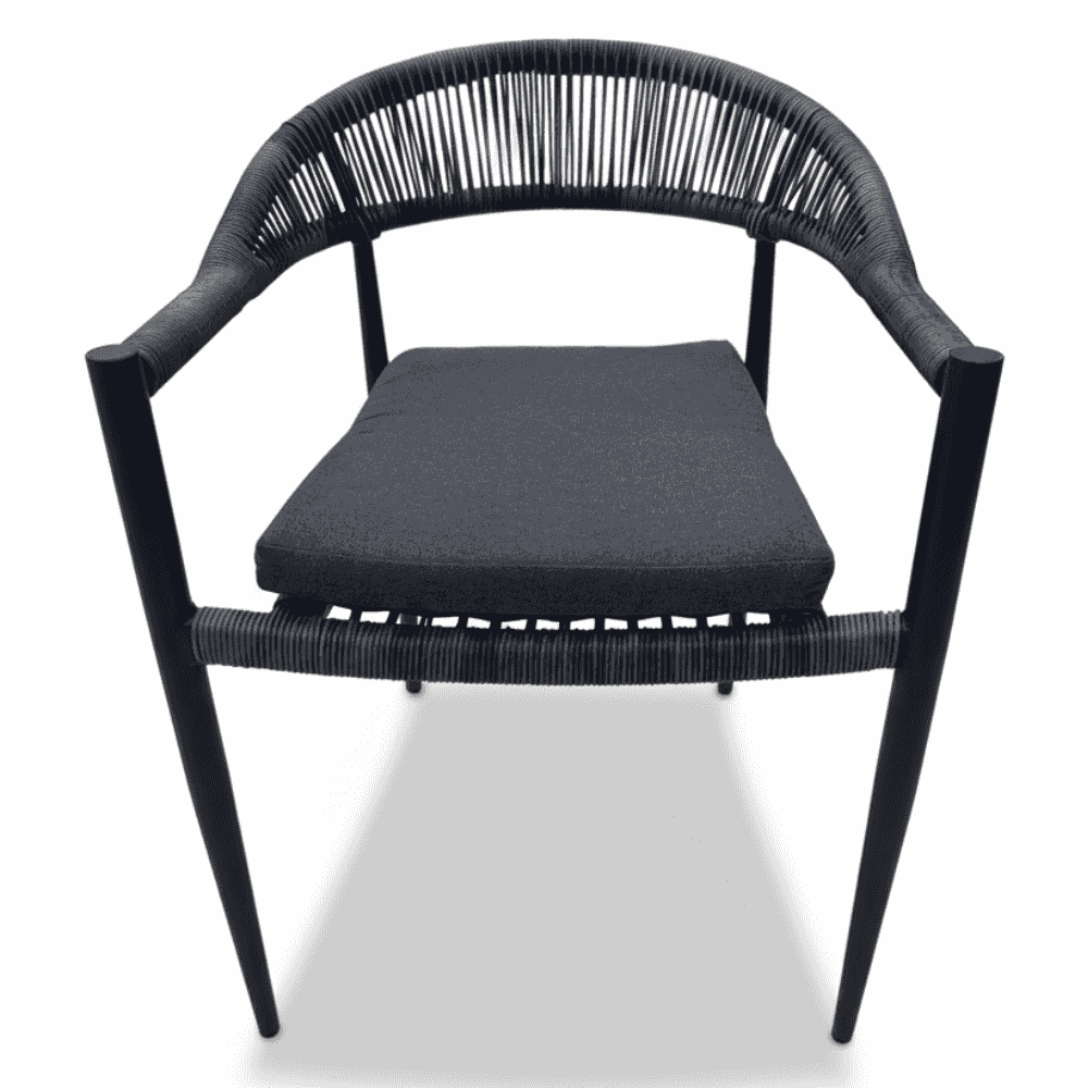 Modern outdoor rope dining chair with aluminum frame and weather-resistant cushion, part of a dining set by The Outdoor Furniture Market.