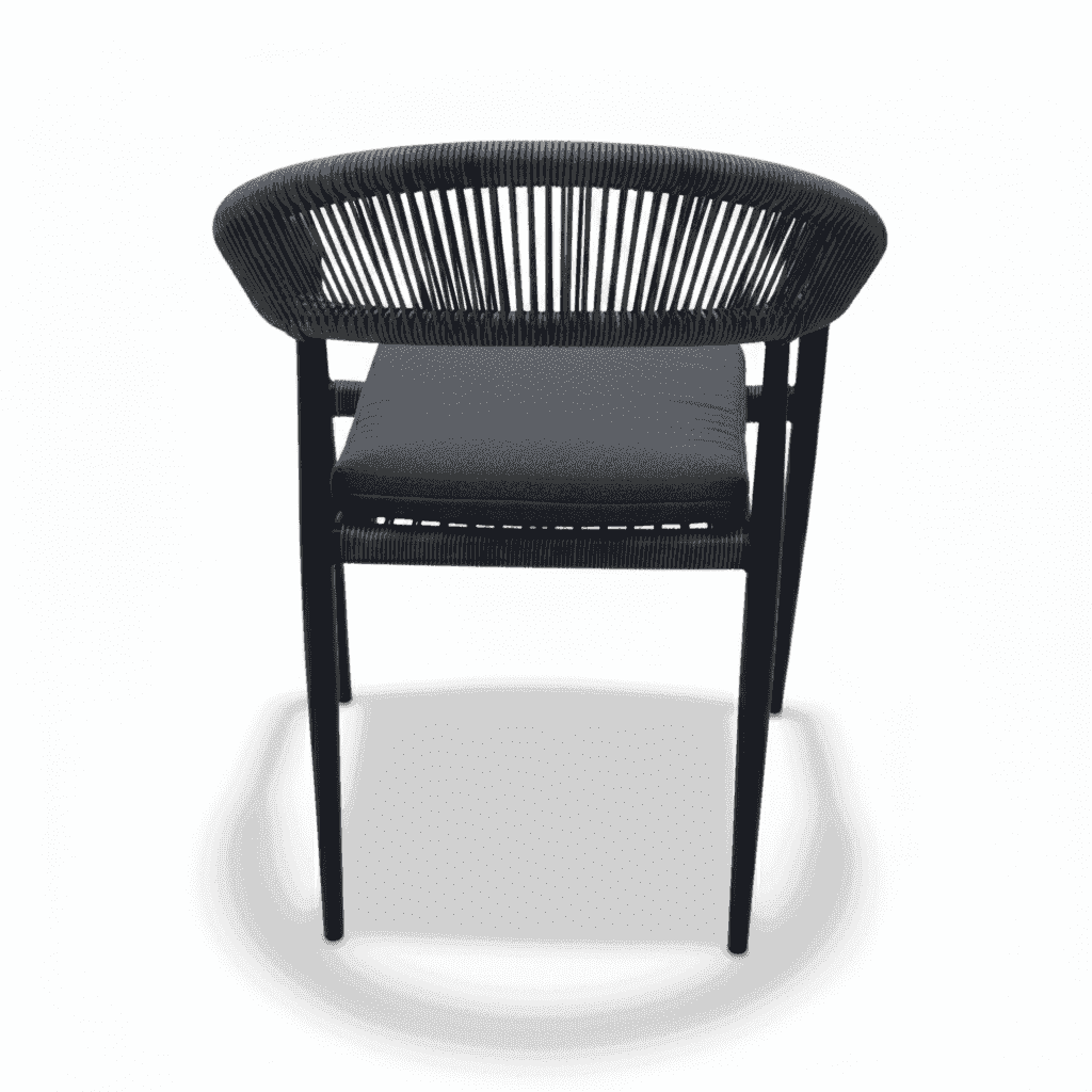 Modern outdoor rope dining chair with aluminum frame and weather-resistant cushion, ideal for stylish outdoor dining settings.