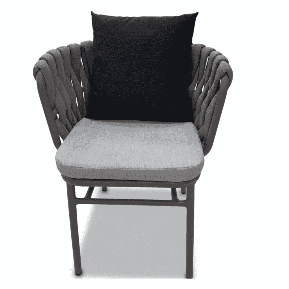 Modern outdoor rope-weave dining chair with aluminum frame and weatherproof cushions, perfect for stylish patio seating.