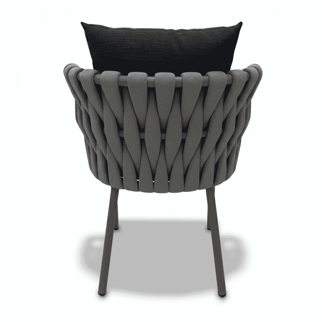 Modern outdoor rope-weave dining chair with aluminum frame and weatherproof cushions from The Outdoor Furniture Market.
