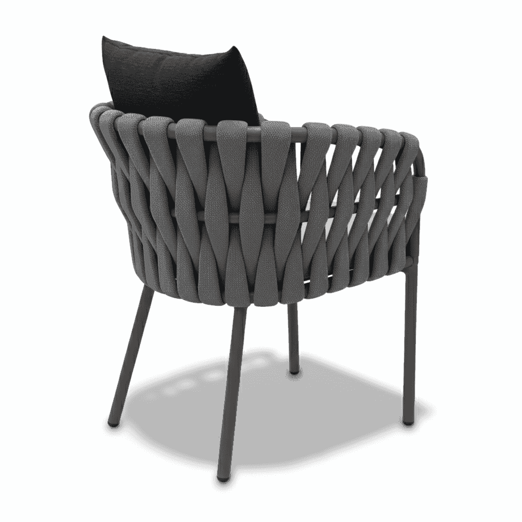 Modern outdoor rope-weave dining chair with aluminum frame and weatherproof cushions, part of a stylish outdoor dining set.