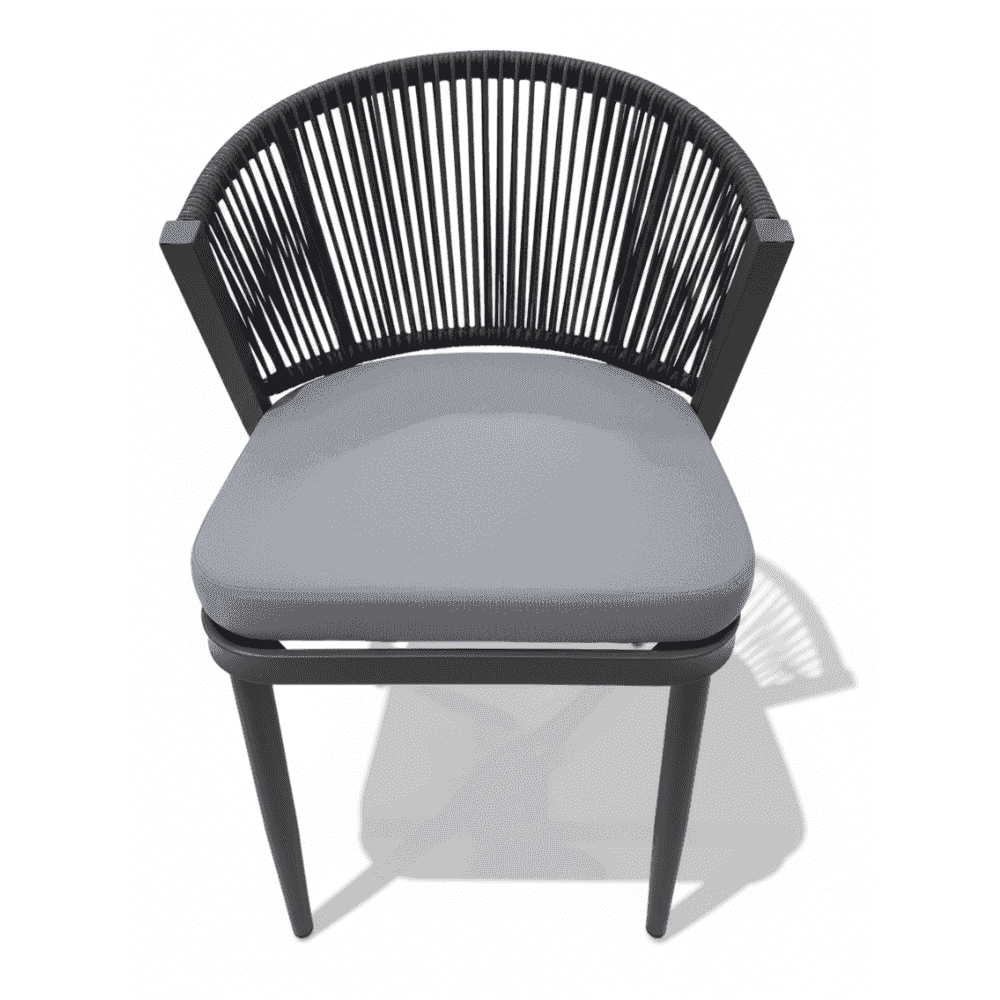 Modern rope outdoor dining chair with aluminum frame and weather-resistant cushion, part of a stylish dining set.