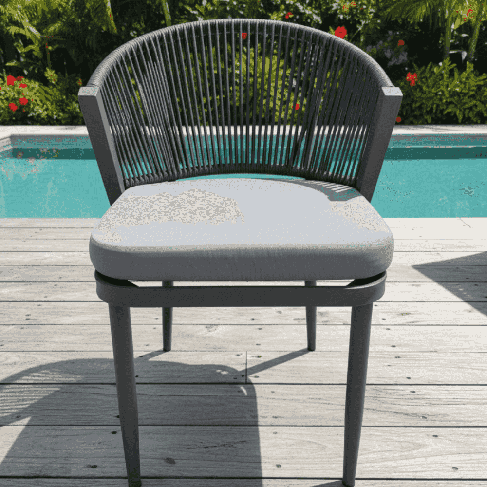 Modern outdoor dining chair with a rope design, aluminum frame, and weather-resistant cushion for comfortable outdoor seating.