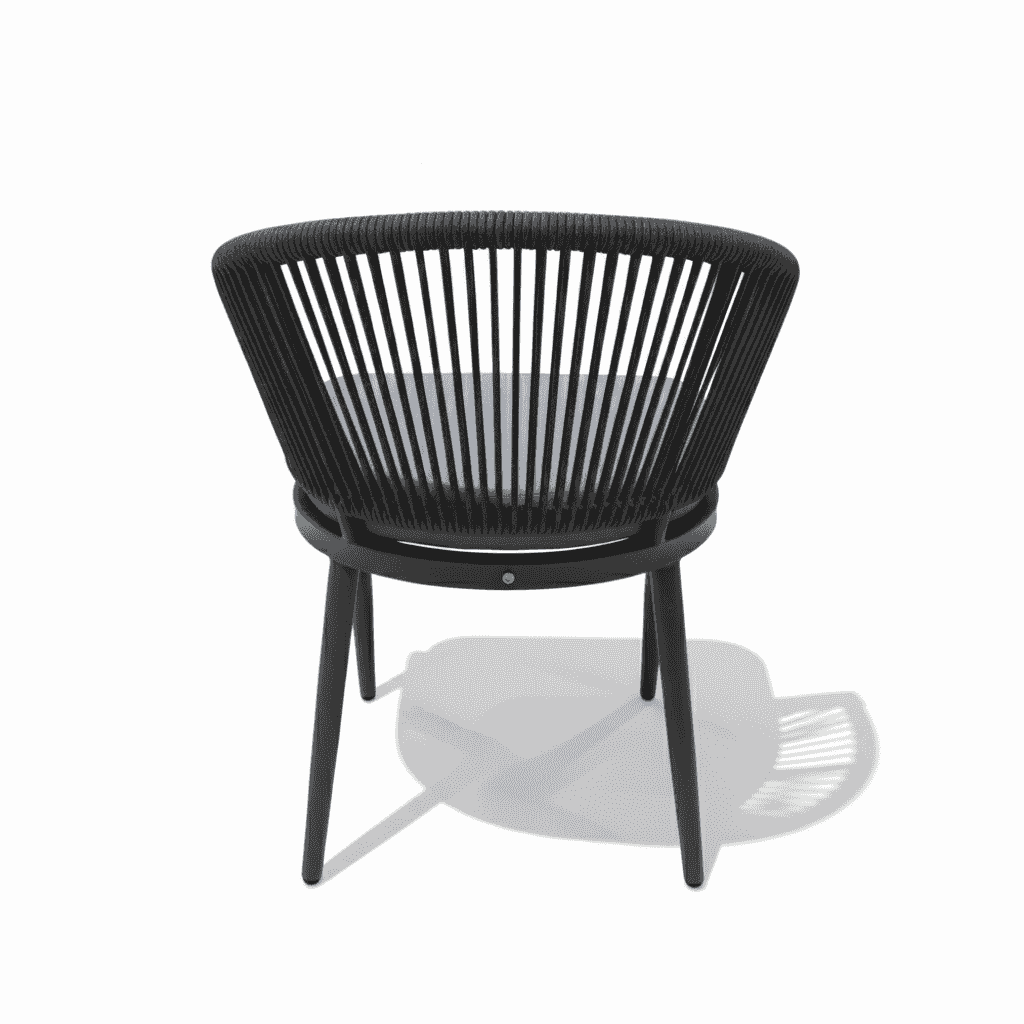 Modern rope outdoor dining chair with aluminum frame and weather-resistant cushion, stylish addition to outdoor dining sets.