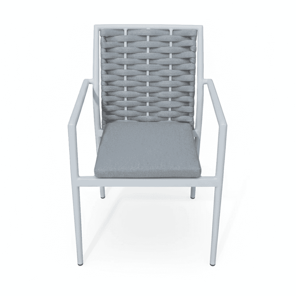 Modern rope-weave aluminum outdoor dining chair with sleek design and sturdy frame, ideal for stylish outdoor dining spaces.