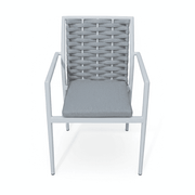 Modern rope-weave aluminum outdoor dining chair with sleek design and sturdy frame, ideal for stylish outdoor dining spaces.