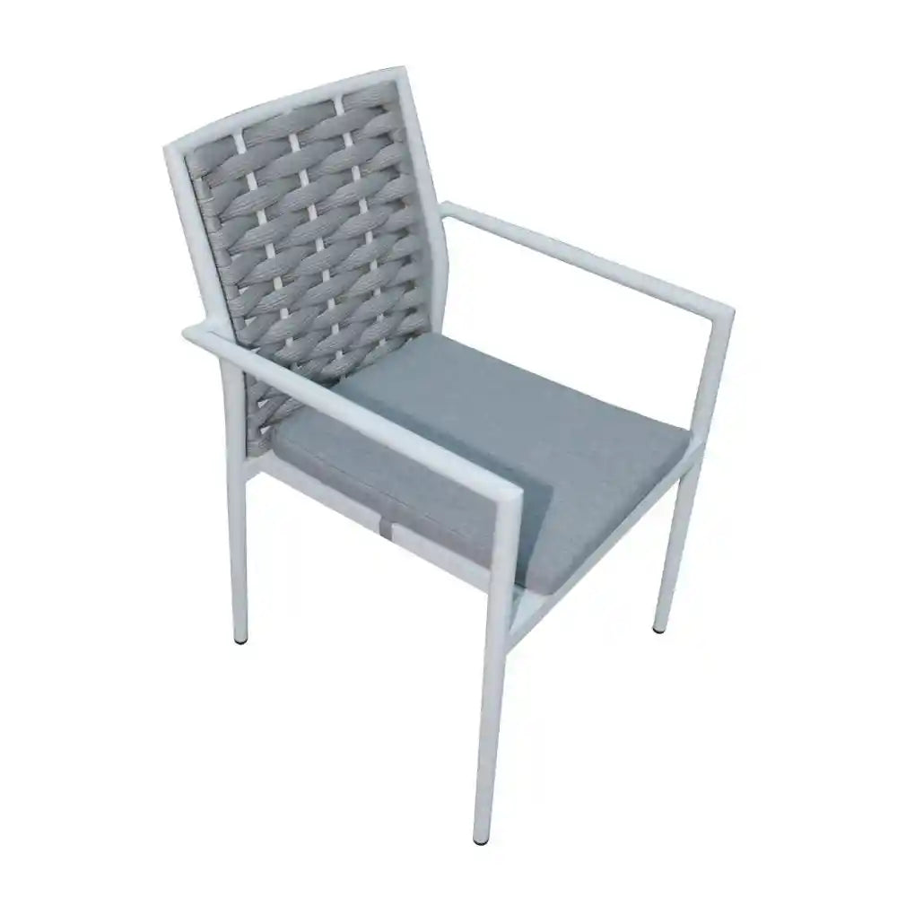 Modern rope-weave aluminum outdoor dining chair by The Outdoor Furniture Market, showcasing a sleek, weather-resistant design.