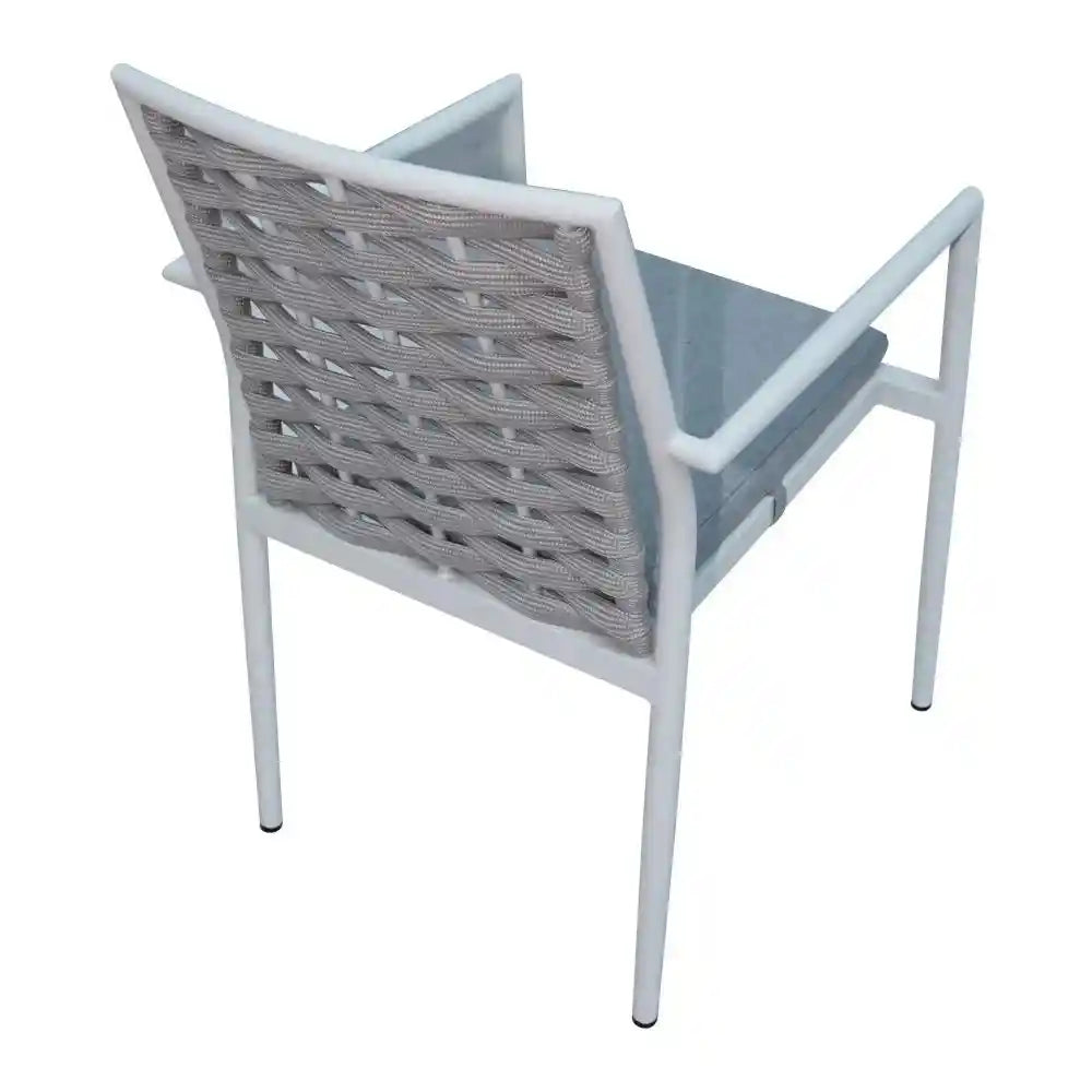 Modern rope-weave aluminum outdoor dining chair with sleek design and armrests, perfect for patio or garden seating.