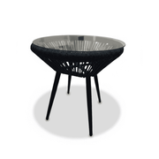 Modern woven accent table with glass top from The Outdoor Furniture Market, featuring a stylish design suitable for outdoor or indoor use.