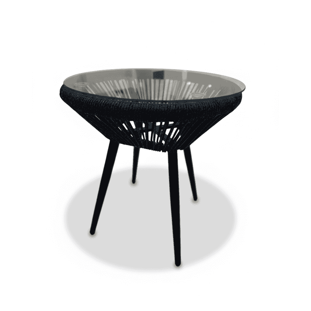 Modern woven accent table with glass top from The Outdoor Furniture Market, featuring a stylish design suitable for outdoor or indoor use.