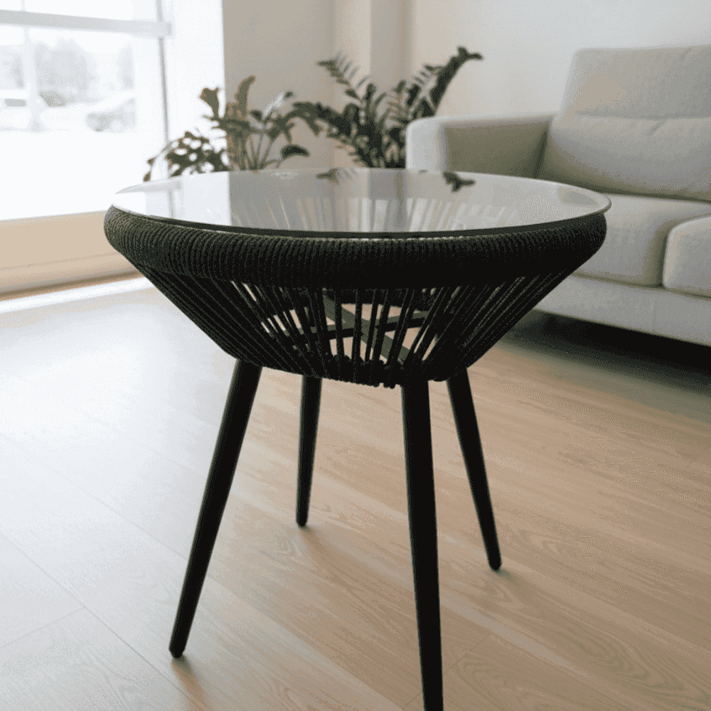 Modern woven accent table with glass top, perfect for sofa sets, by The Outdoor Furniture Market.