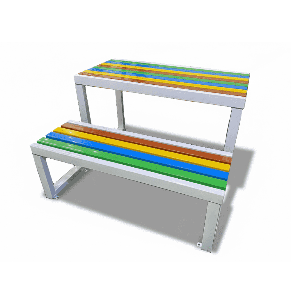 Multi color wooden bench by , showcasing vibrant hues and a sturdy design for outdoor seating.