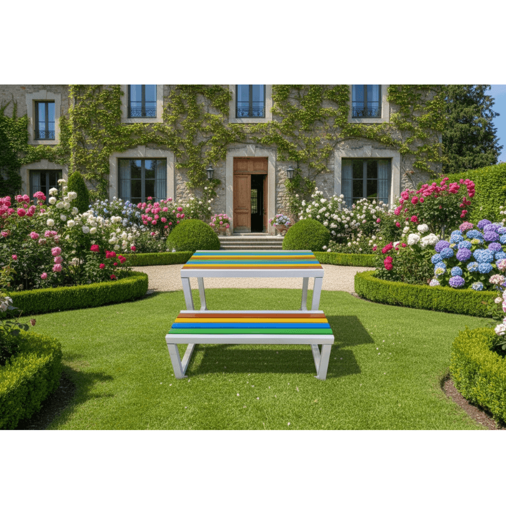 Multi color wood bench by , featuring a vibrant design and sturdy construction for outdoor seating.