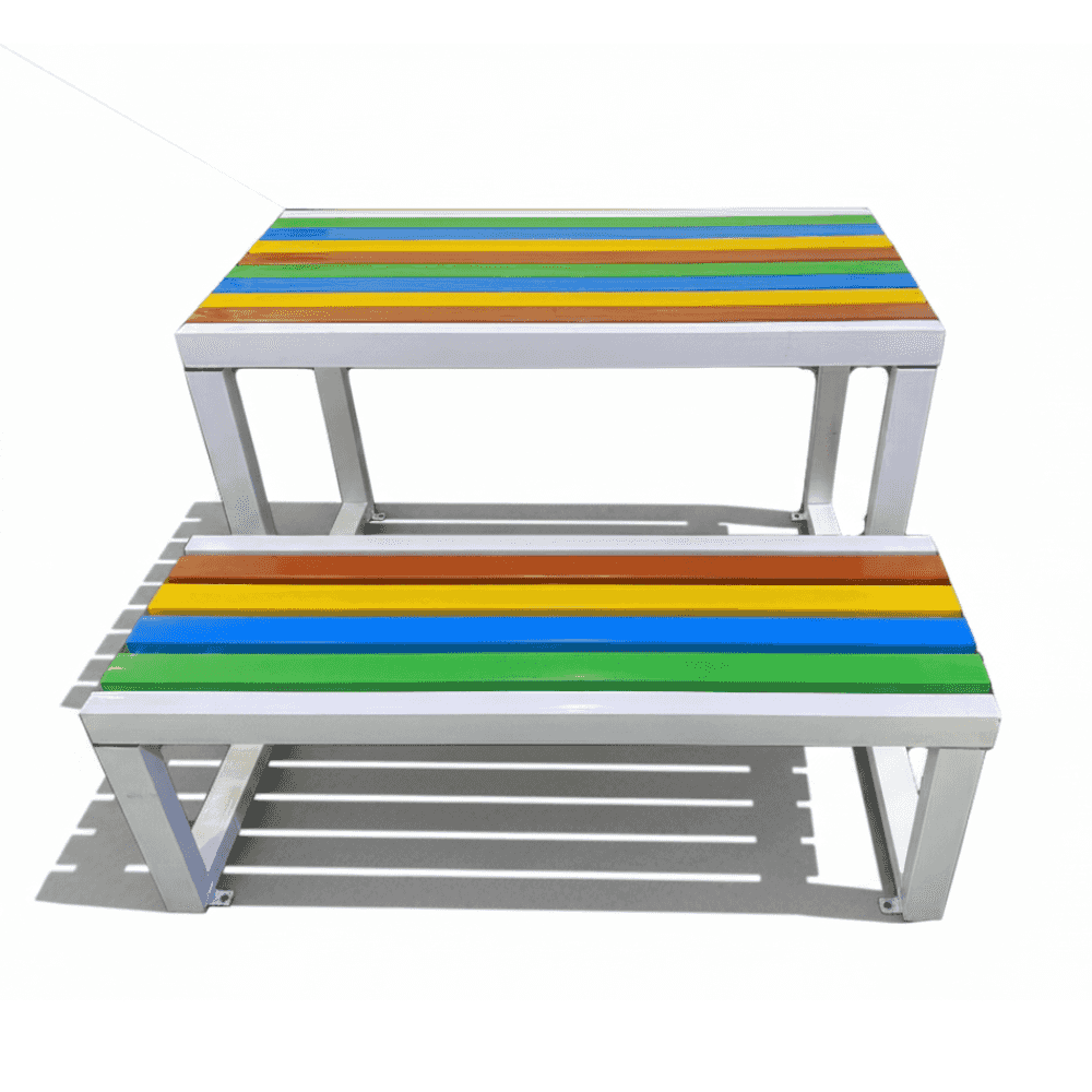 Multi-color wood bench by , showcasing a vibrant design perfect for outdoor seating and decor.