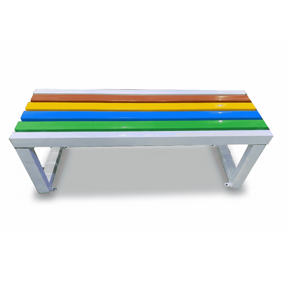 multi-color wood bench outdoors, showcasing vibrant hues and natural wood grain details in a serene setting.