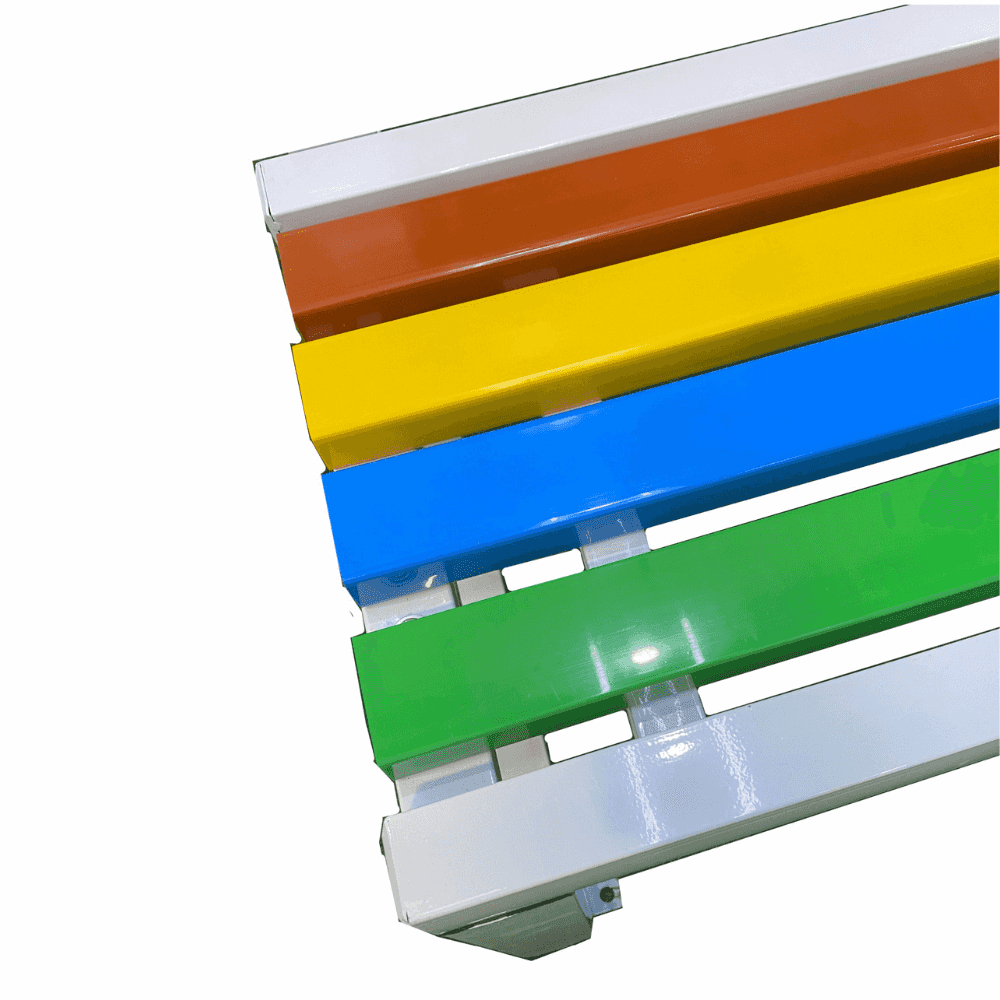 Multi-color wood bench by , showcasing vibrant hues and a rustic design for outdoor seating.
