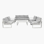 White aluminium 7-seater outdoor sofa set with grey cushions and rectangular table, ideal for patio or garden seating.