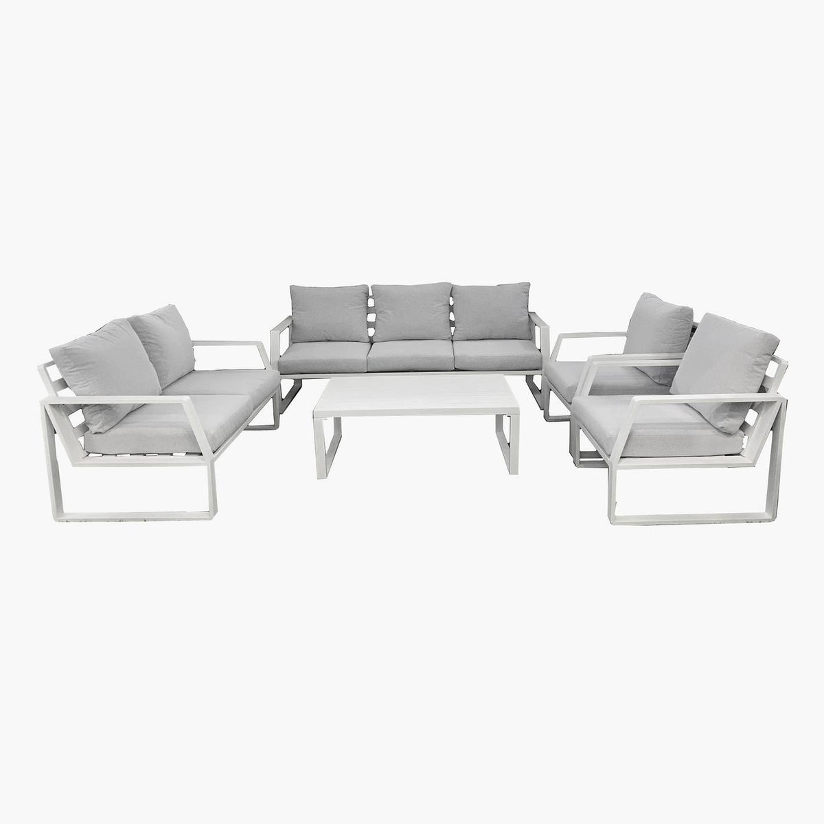 White aluminium 7-seater outdoor sofa set with grey cushions and rectangular table, ideal for patio or garden seating.