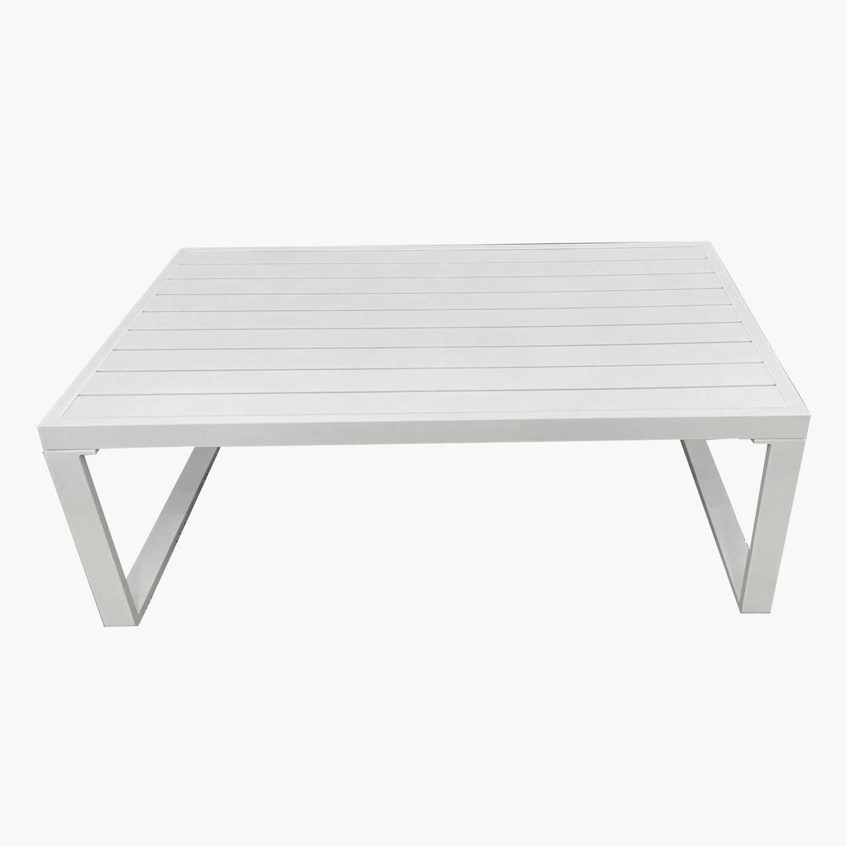 White 7-seater aluminium outdoor sofa set with grey cushions and rectangular table, casual outdoor furniture by The Outdoor Furniture Market