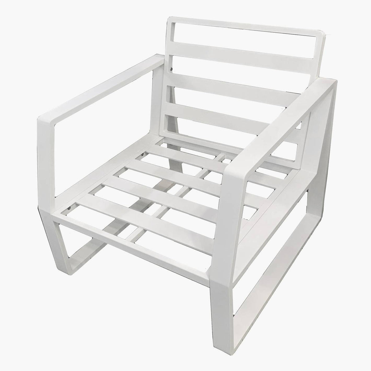 White aluminium 7-seater outdoor sofa set with grey cushions and rectangular table from The Outdoor Furniture Market.