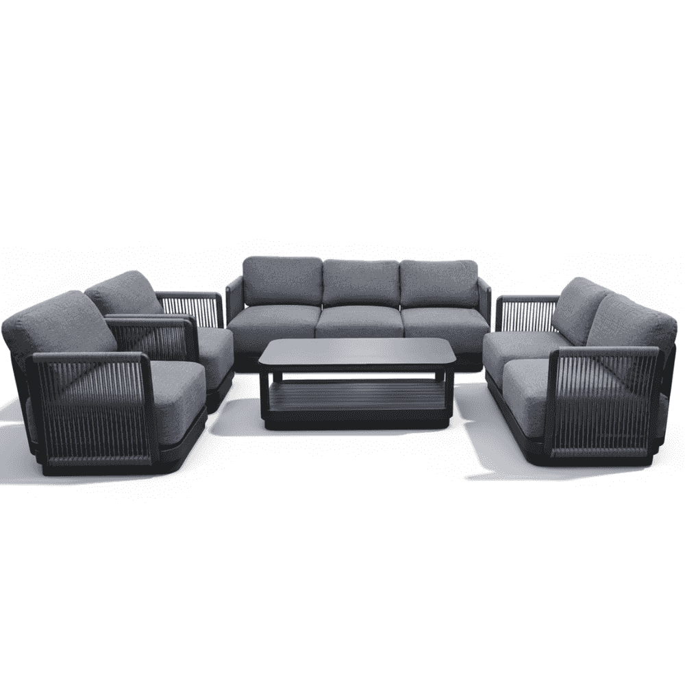 Outdoor 7-seater aluminum lounge set in grey with rope details, perfect for patio or garden relaxation.