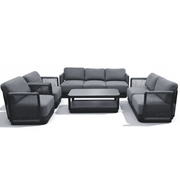 Outdoor 7-seater aluminum lounge set in grey with rope details, perfect for patio or garden relaxation.