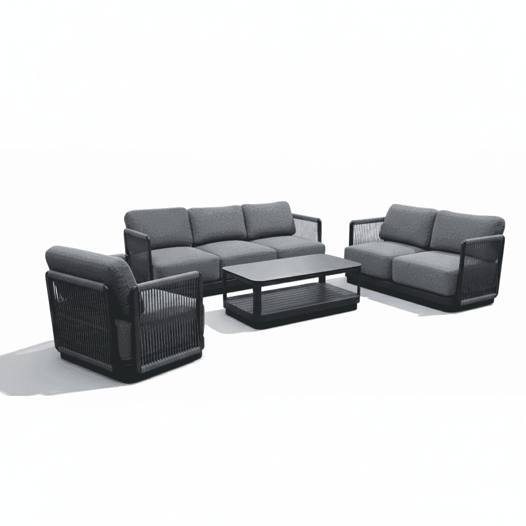 Outdoor 7-seater aluminum grey rope lounge set by , featuring spacious seating and modern design.