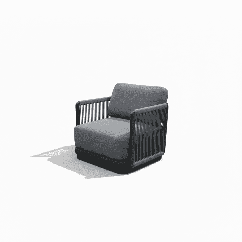 outdoor 7-seater aluminum grey rope lounge set in a stylish arrangement on a patio.