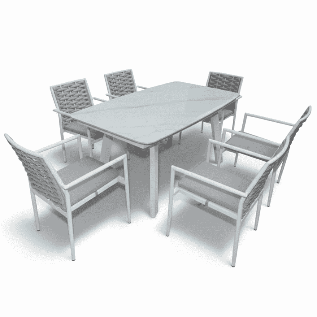 Outdoor aluminium dining set with six seats and waterproof cushions from The Outdoor Furniture Market, shown with table and chairs.