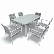 Outdoor aluminium dining set with six seats and waterproof cushions from The Outdoor Furniture Market, shown with table and chairs.