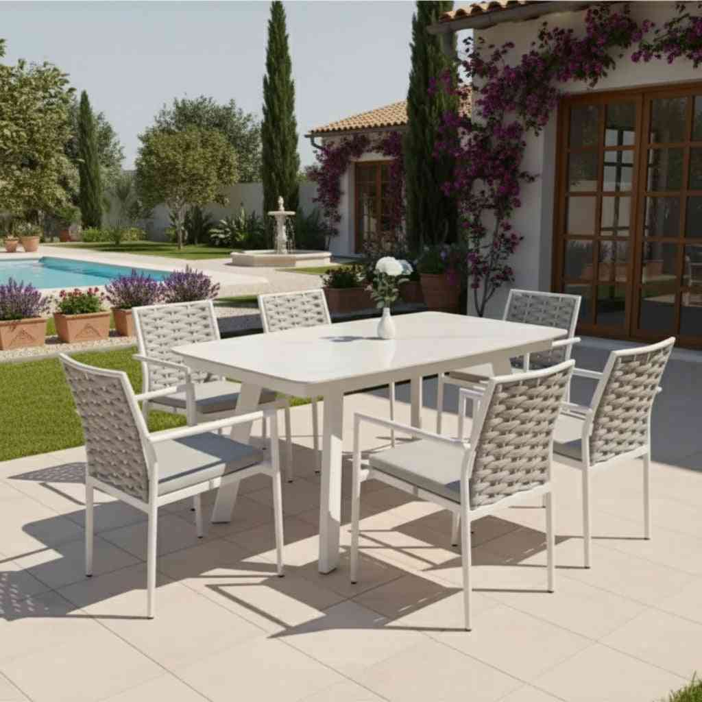 Outdoor aluminium dining set with six seats and waterproof cushions from The Outdoor Furniture Market, suitable for outdoor dining.