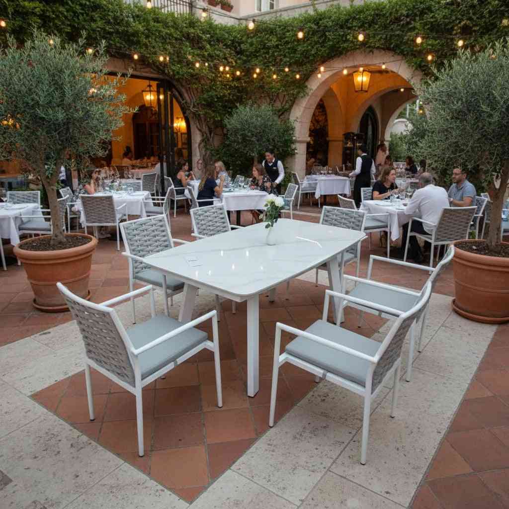 Outdoor aluminium dining set with waterproof cushions, 6 seats, perfect for outdoor patio dining by The Outdoor Furniture Market