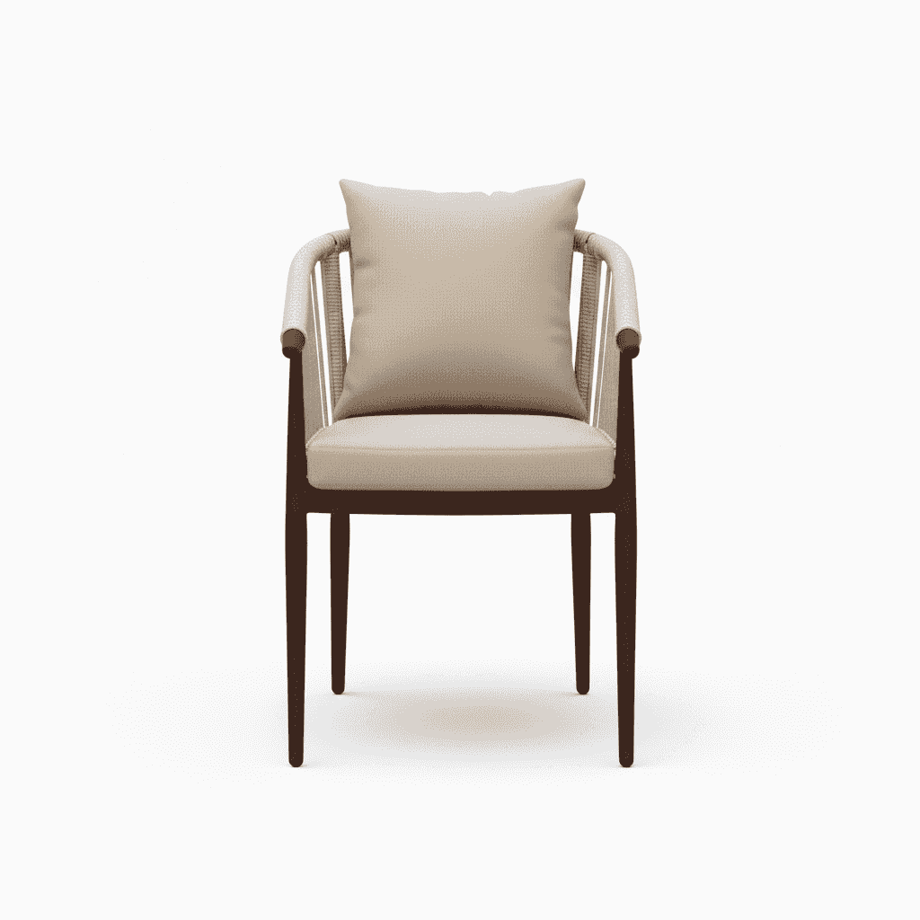 outdoor aluminum chair with beige cushion and wooden color frame, perfect for patio or garden seating.