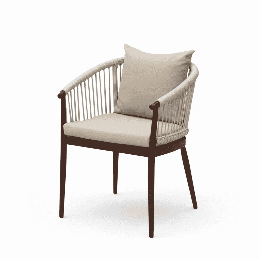 outdoor aluminum chair with beige cushion and wooden color frame, suitable for patio or garden seating