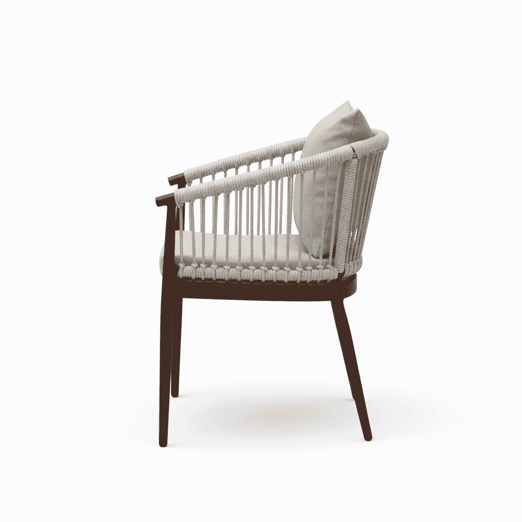 outdoor aluminum chair with beige cushion and wooden color frame, ideal for patio or garden seating.