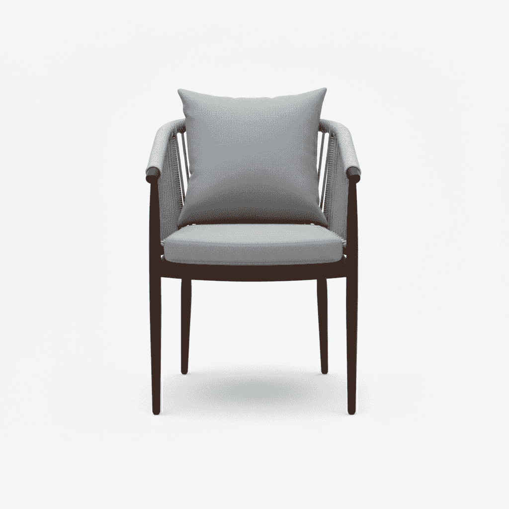 outdoor aluminum chair with gray cushion and wooden frame, ideal for patio or garden seating.