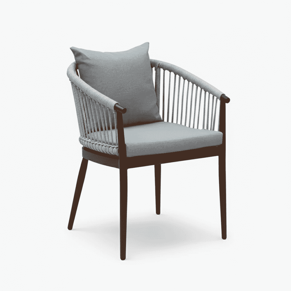 outdoor aluminum chair with gray cushion and wooden frame, perfect for patio or garden seating.