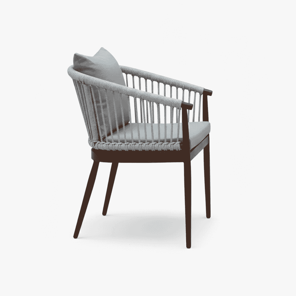 outdoor aluminum chair with gray cushion and wooden-colored frame, ideal for patio or garden seating.