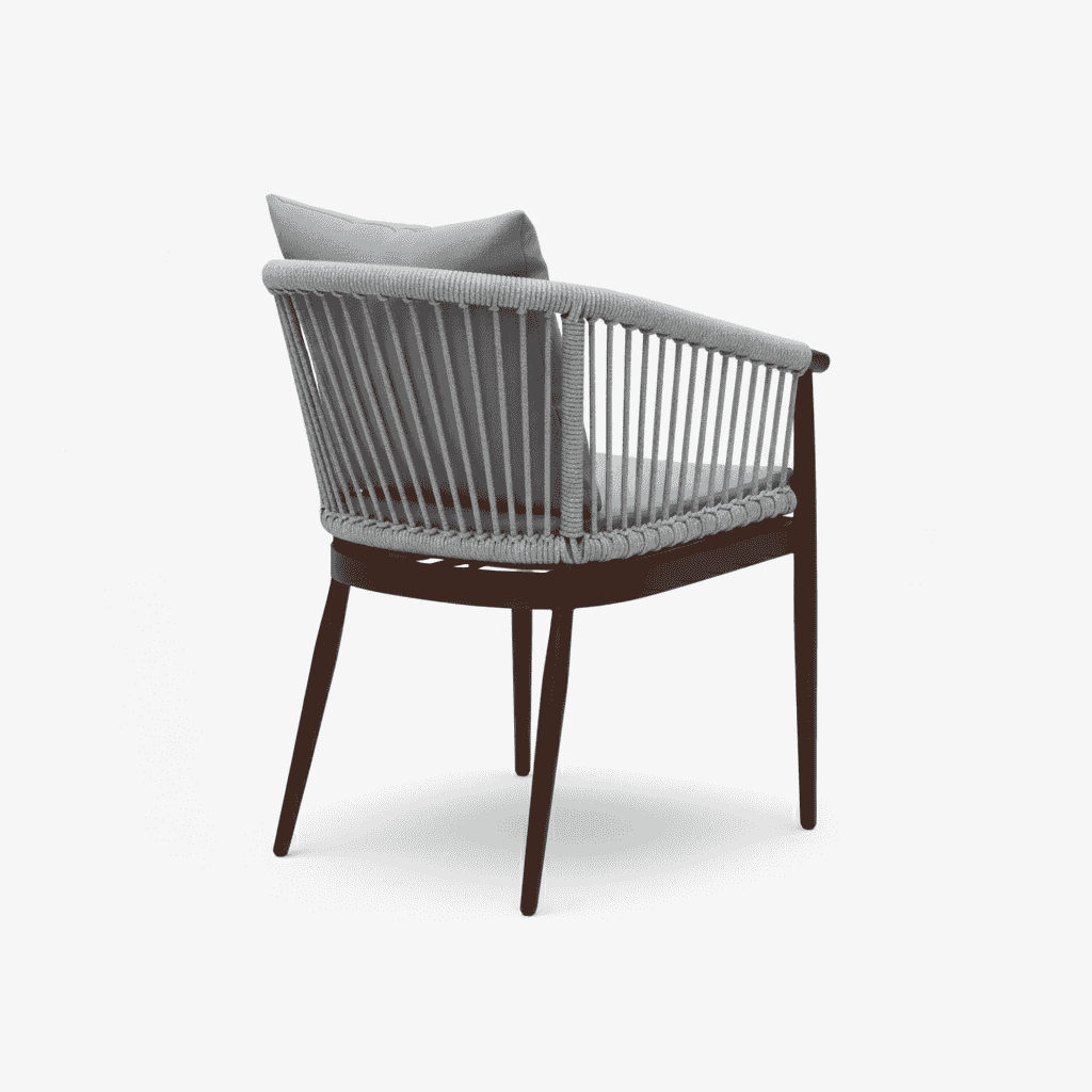 outdoor aluminum chair with gray cushion and wooden frame, stylish and comfortable for outdoor seating.