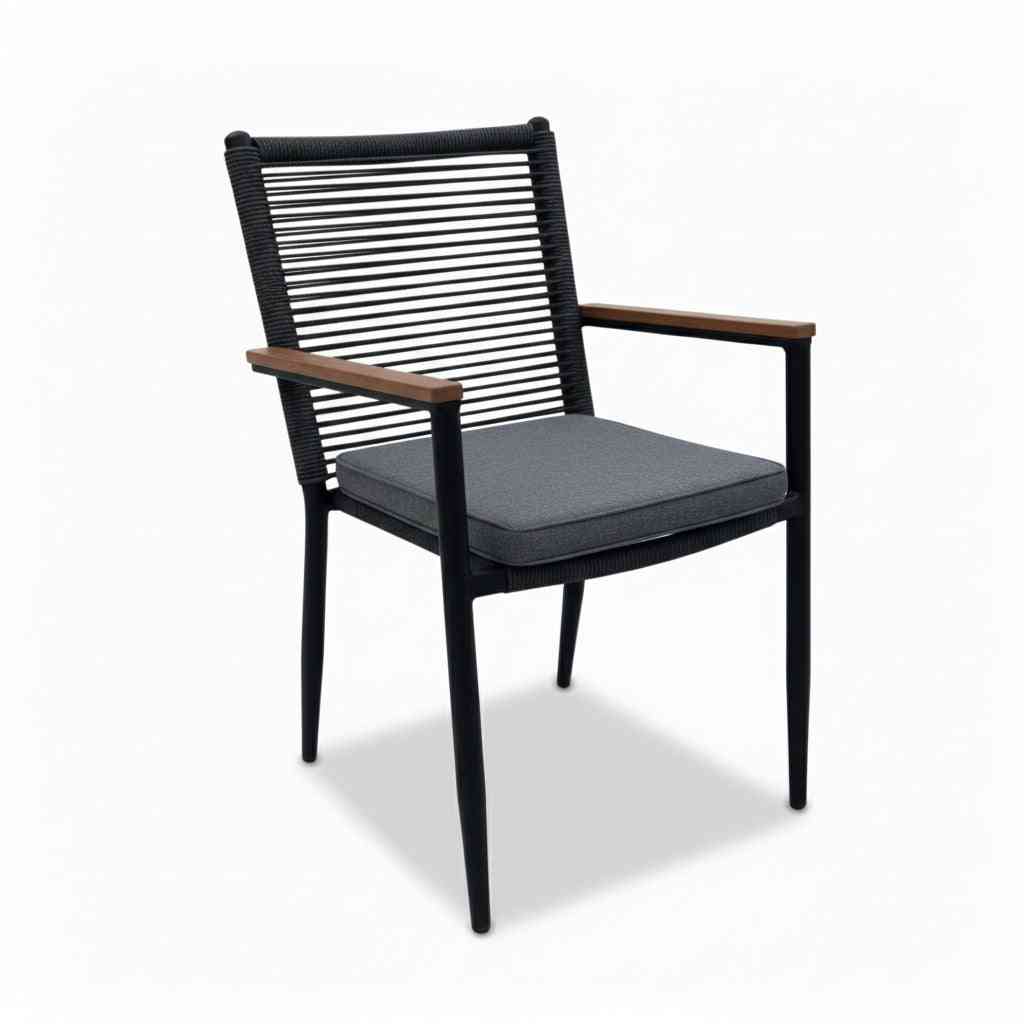 Outdoor aluminum dining chair from The Outdoor Furniture Market, featuring a sleek design with a woven seat and armrests.