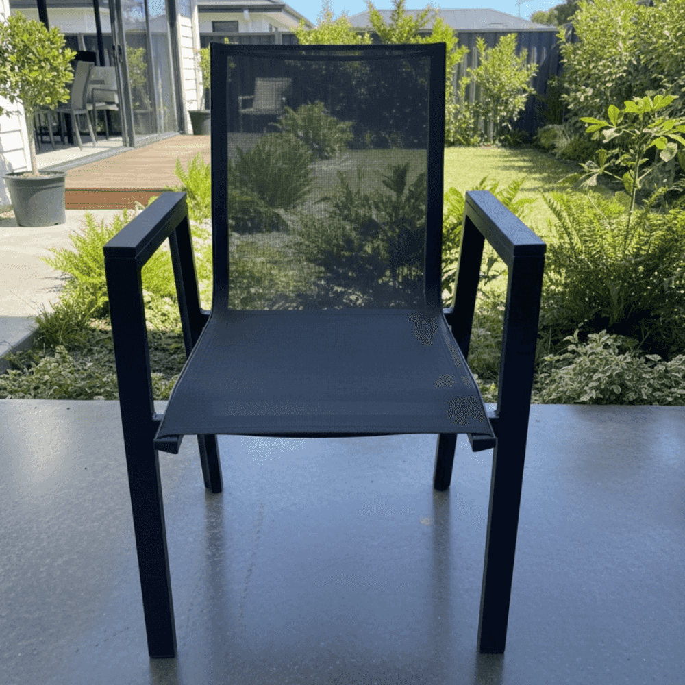 Weather-resistant outdoor aluminum dining chair by The Outdoor Furniture Market, featuring a sleek design and durable construction.