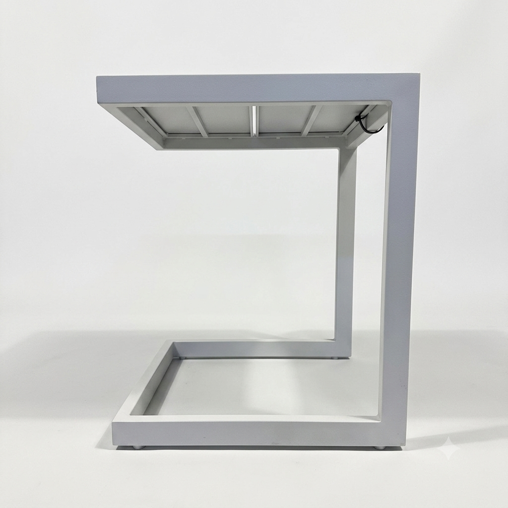 Modern white C-shaped side table for outdoor use at The Outdoor Furniture Market