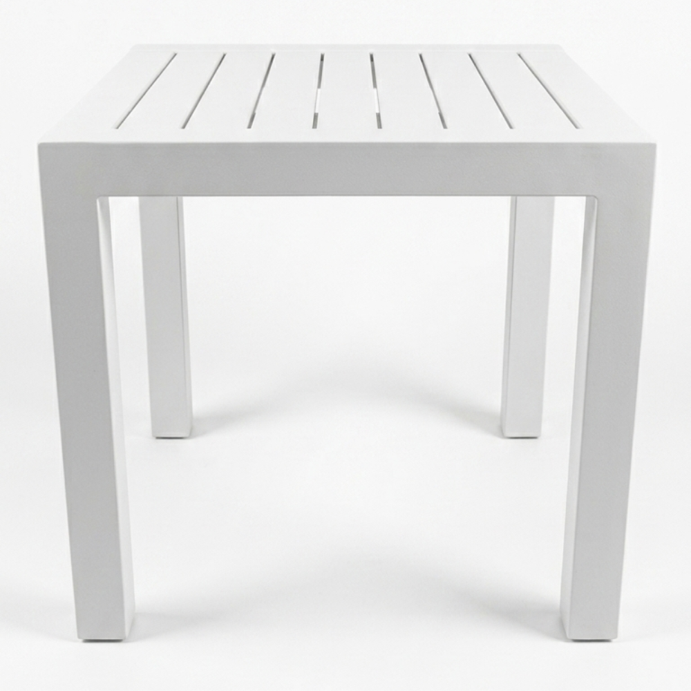 Modern white slatted outdoor side table from The Outdoor Furniture Market