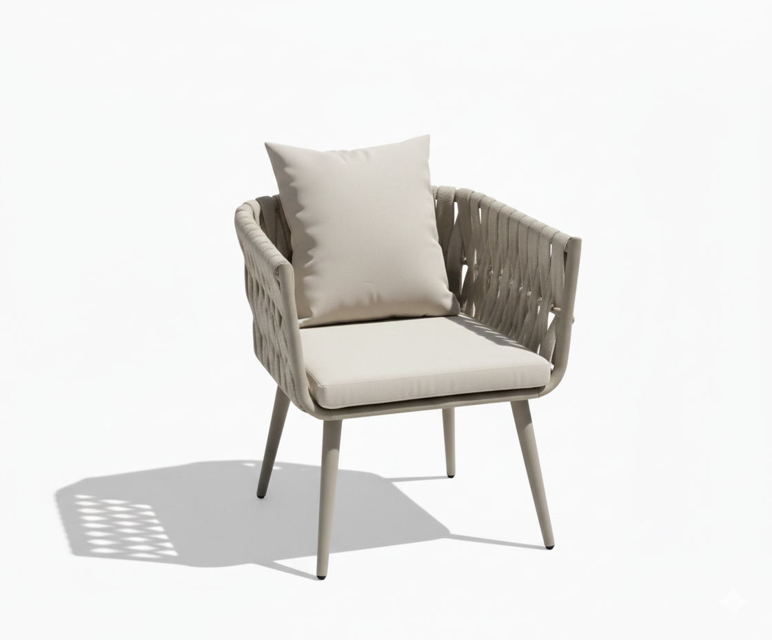 Outdoor Dining Chair - Aluminum Frame with Rope Weaving & Cushion, Khaki - The Outdoor Furniture Market