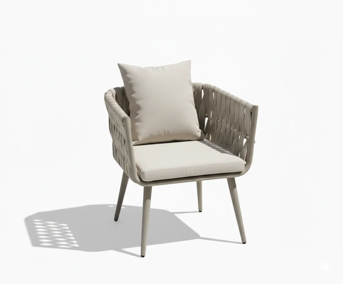 Outdoor Dining Chair - Aluminum Frame with Rope Weaving & Cushion, Khaki - The Outdoor Furniture Market