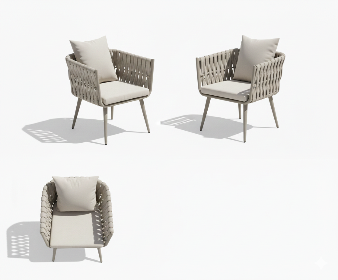 Outdoor Dining Chair - Aluminum Frame with Rope Weaving & Cushion, Khaki - The Outdoor Furniture Market