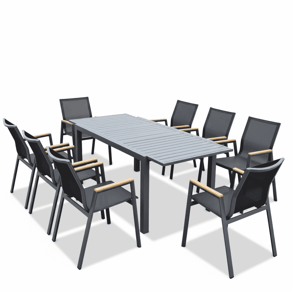 Outdoor dining set by The Outdoor Furniture Market with a table and chairs featuring wood-look armrests and durable outdoor materials.