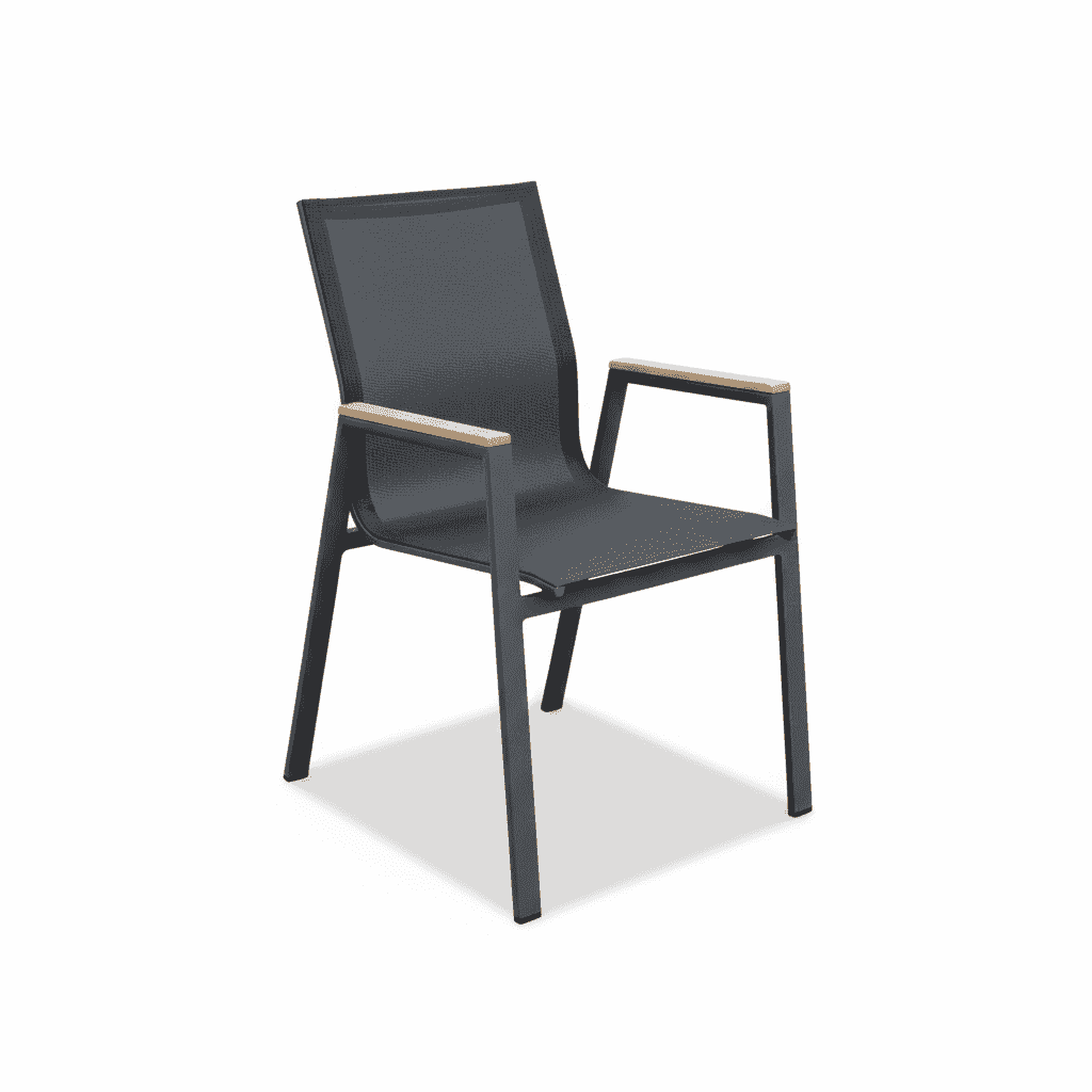Outdoor dining set by The Outdoor Furniture Market with wood-look armrest table and matching chairs for outdoor use.