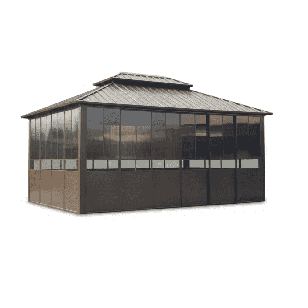 Outdoor double roof gazebo with thermal polycarbonate sliding door, featuring sturdy frame and spacious design for outdoor shade and shelter.