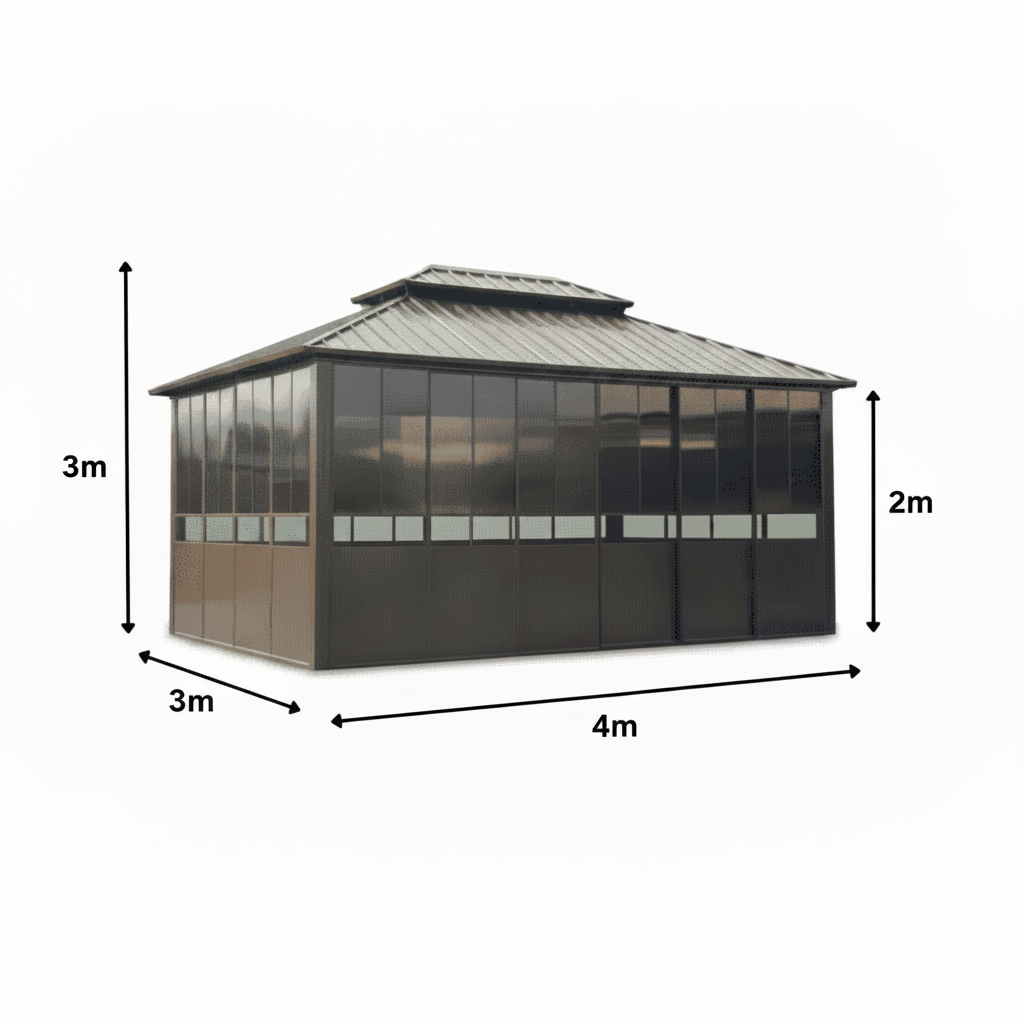 Outdoor double roof gazebo with thermal polycarbonate sliding doors, showcasing a sturdy frame and spacious design by The Outdoor Furniture Market.